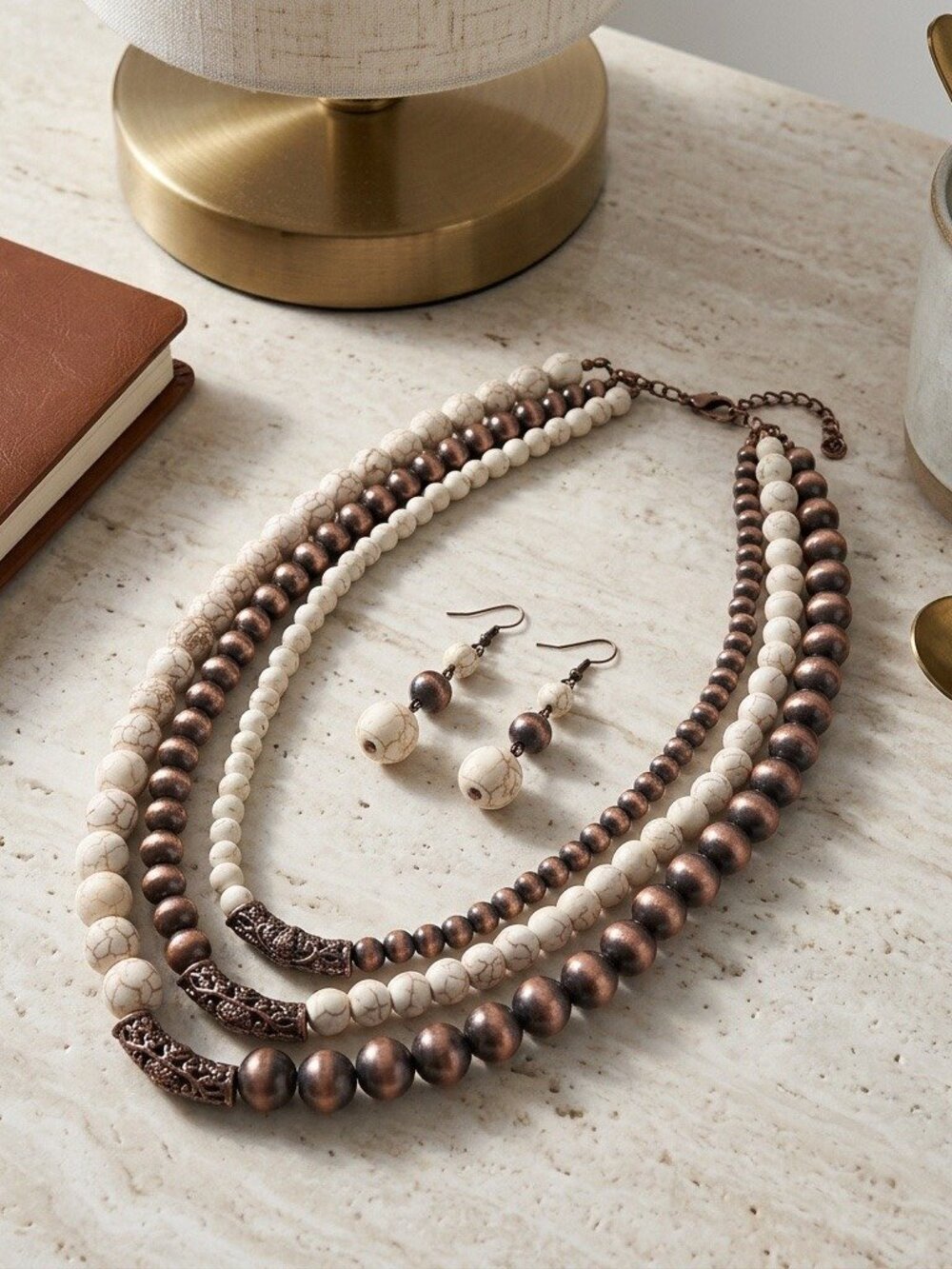 Western Pearl Necklace Set Layered Navajo Style Beads Cowgirl Earrings Jewelry